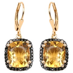 Citrine Dangle Earrings Black Spinel Halo 8.9 Carats 14K Yellow Gold Plated