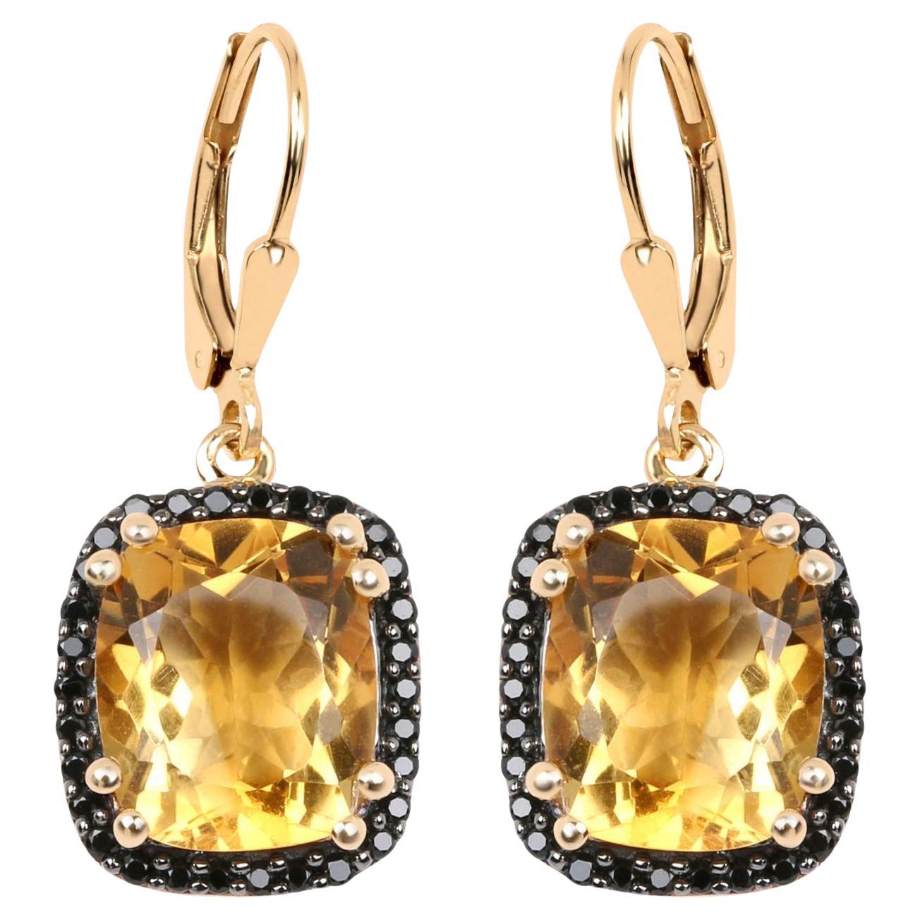 Pendants d'oreilles en or jaune 14 carats avec halo de spinelles noires et citrine 8,9 carats