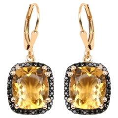 Pendants d'oreilles en or jaune 14 carats avec halo de spinelles noires et citrine 8,9 carats