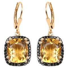 Citrine Dangle Earrings Black Spinel Halo 8.9 Carats 14K Yellow Gold Plated