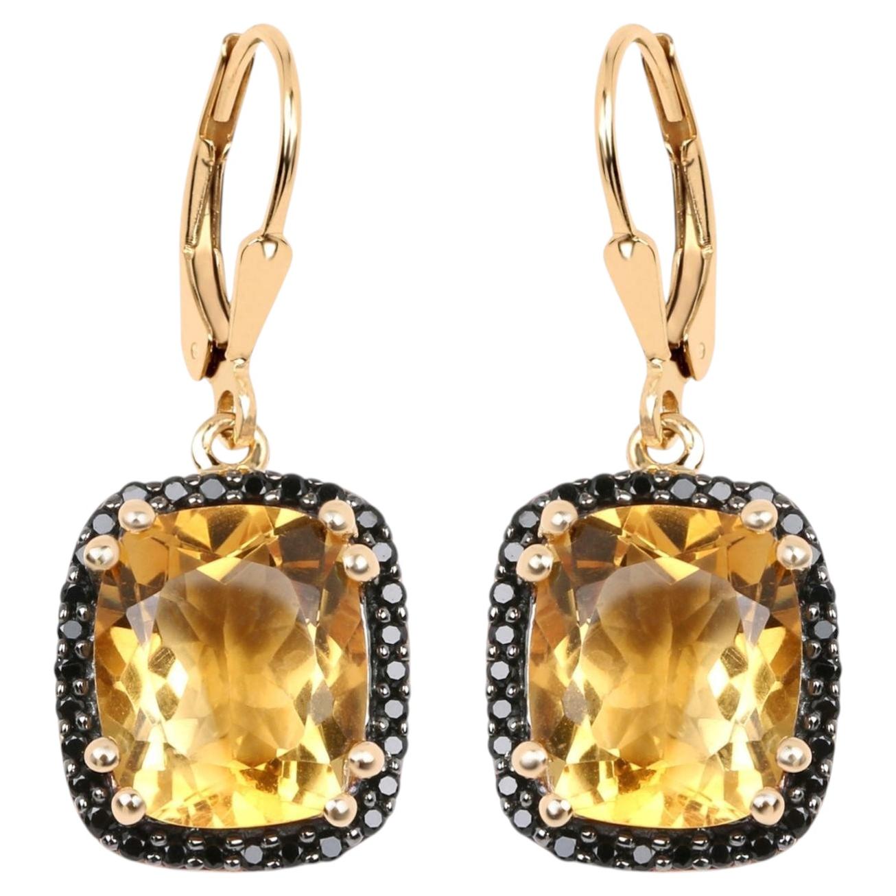 Citrine Dangle Earrings Black Spinel Halo 8.9 Carats 14K Yellow Gold Plated