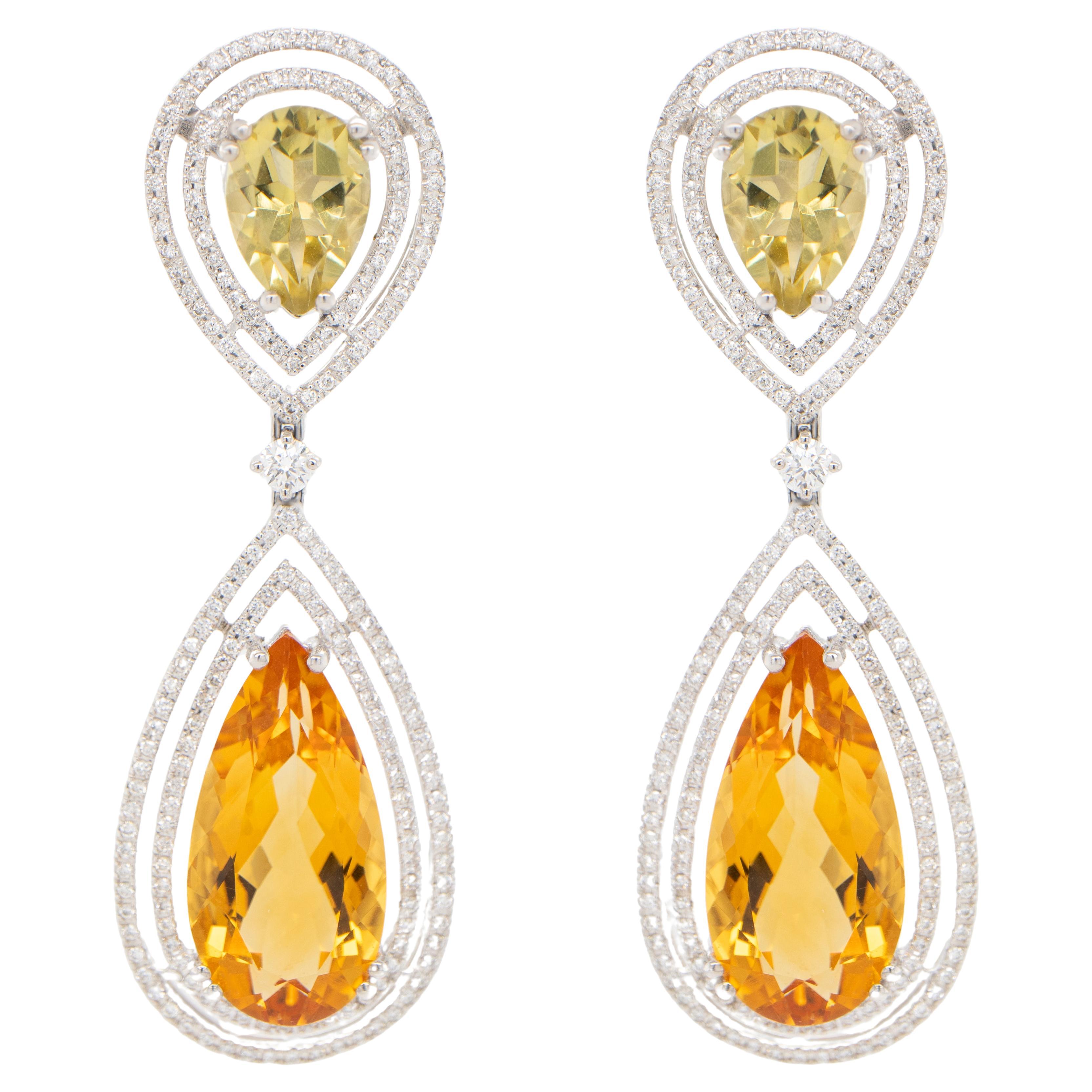 Citrine Dangle Earrings Diamonds Lemon Quartz 17.8 Carats 18K Gold For Sale