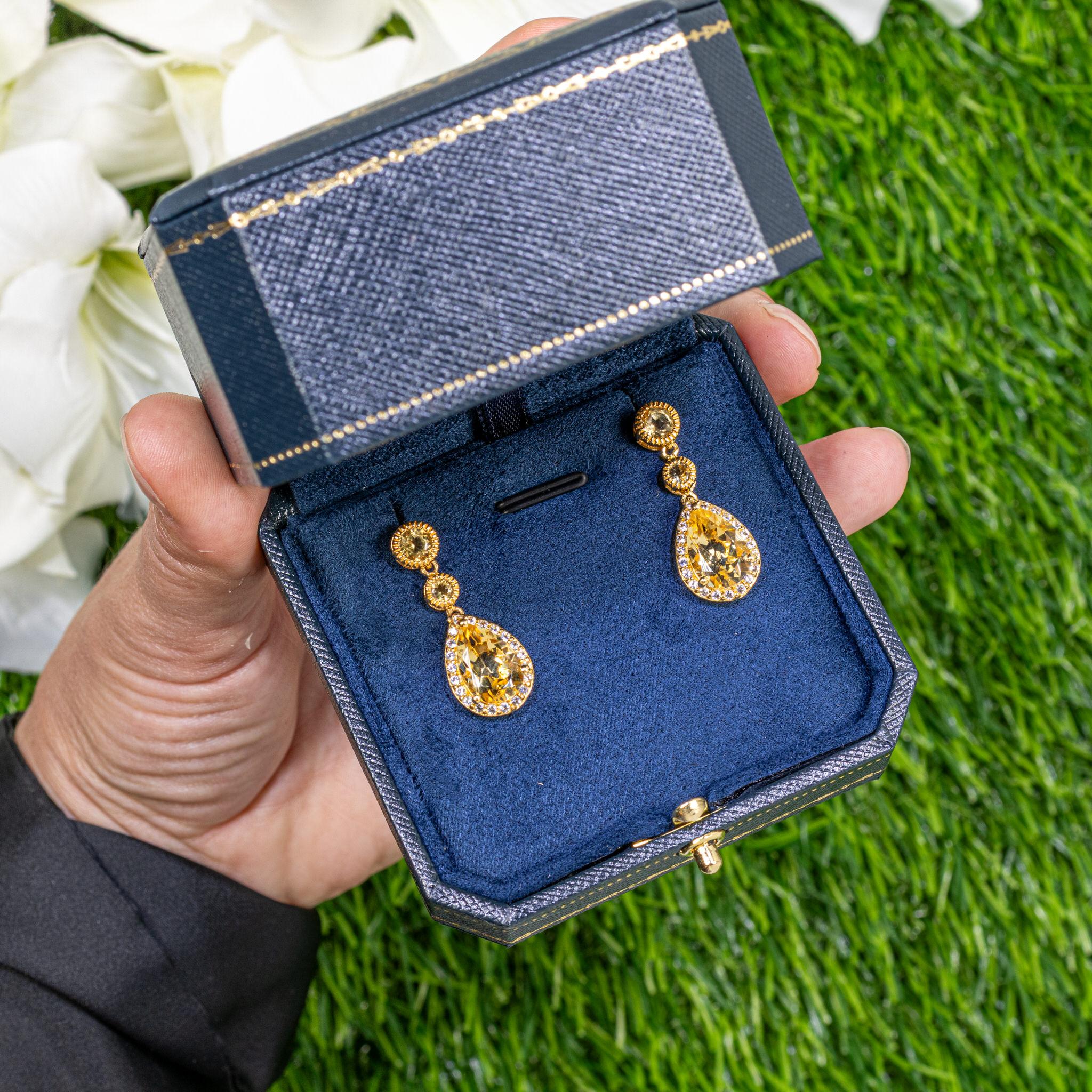 Modern Citrine Dangle Earrings White Topazes 7.06 Carats 24K Yellow Gold Plated Silver For Sale
