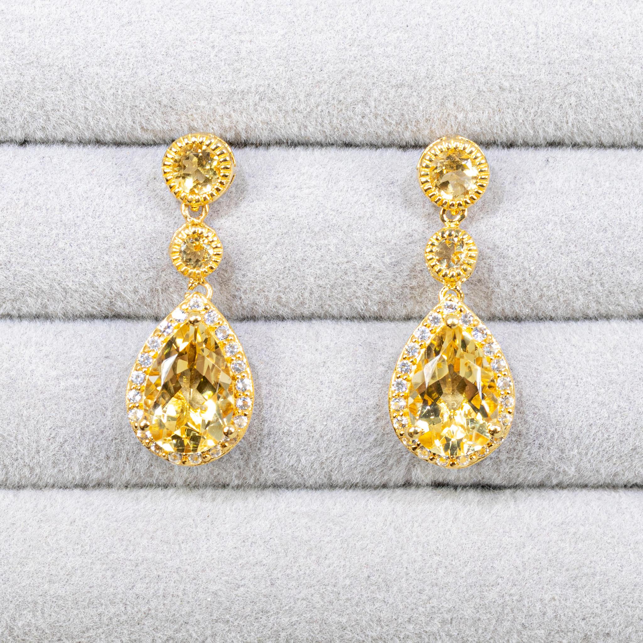 Pear Cut Citrine Dangle Earrings White Topazes 7.06 Carats 24K Yellow Gold Plated Silver For Sale