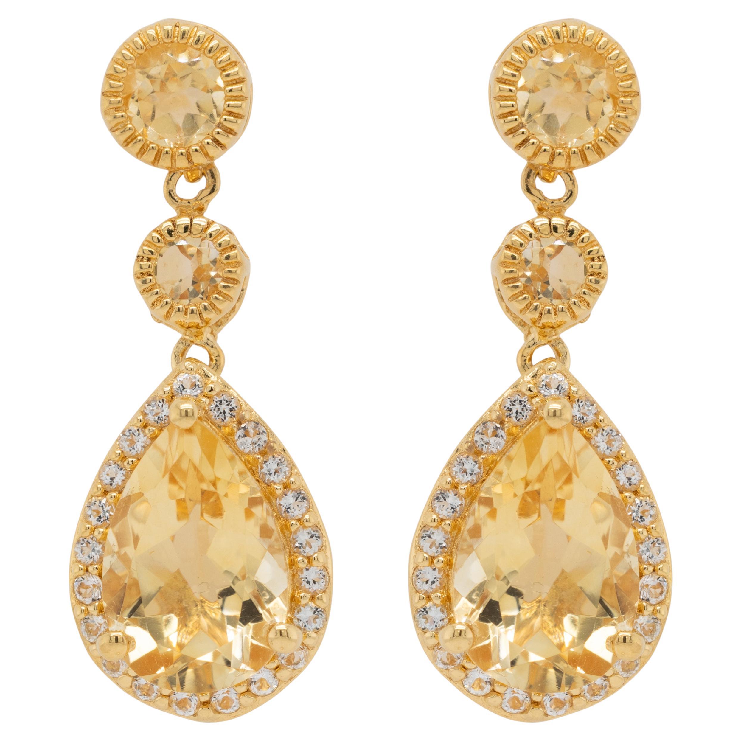 Citrine Dangle Earrings White Topazes 7.06 Carats 24K Yellow Gold Plated Silver