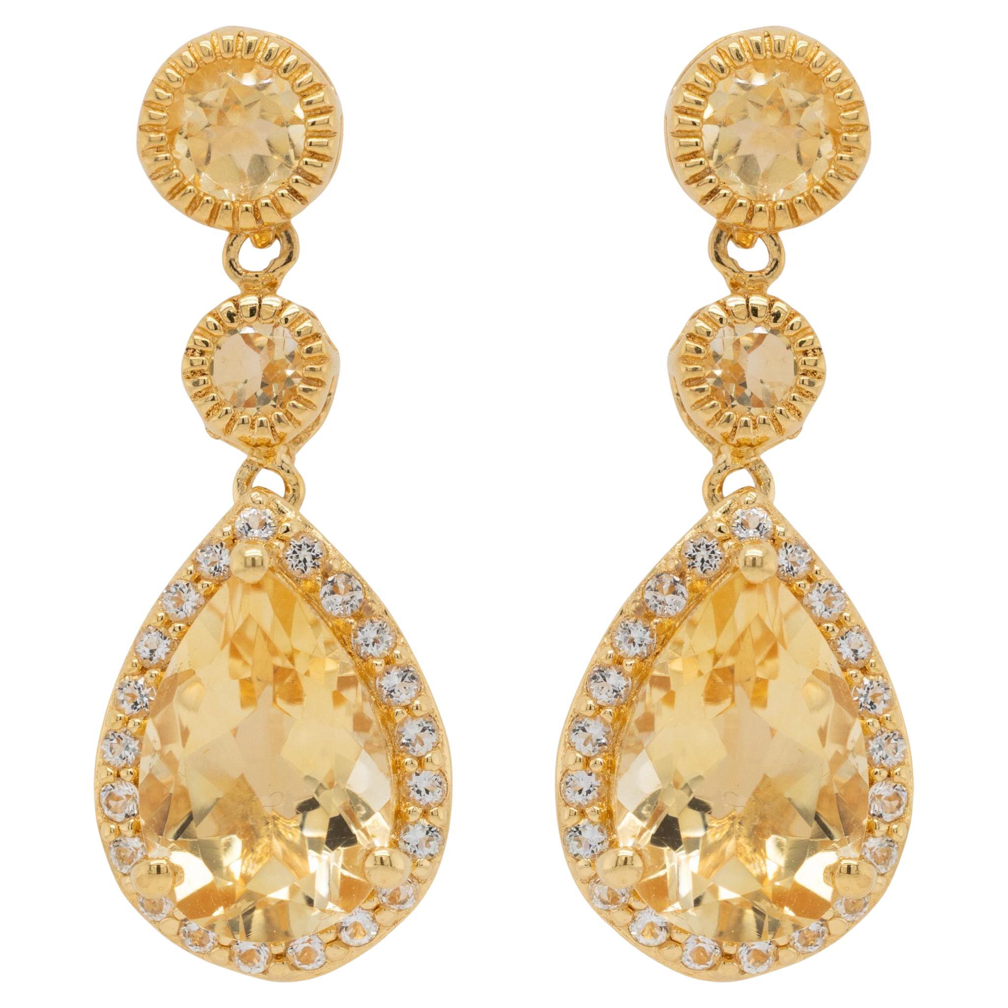 Citrine Dangle Earrings White Topazes 7.06 Carats 24K Yellow Gold Plated Silver