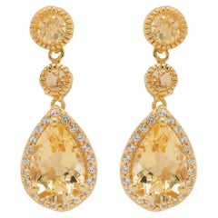 Citrine Dangle Earrings White Topazes 7.06 Carats 24K Yellow Gold Plated Silver