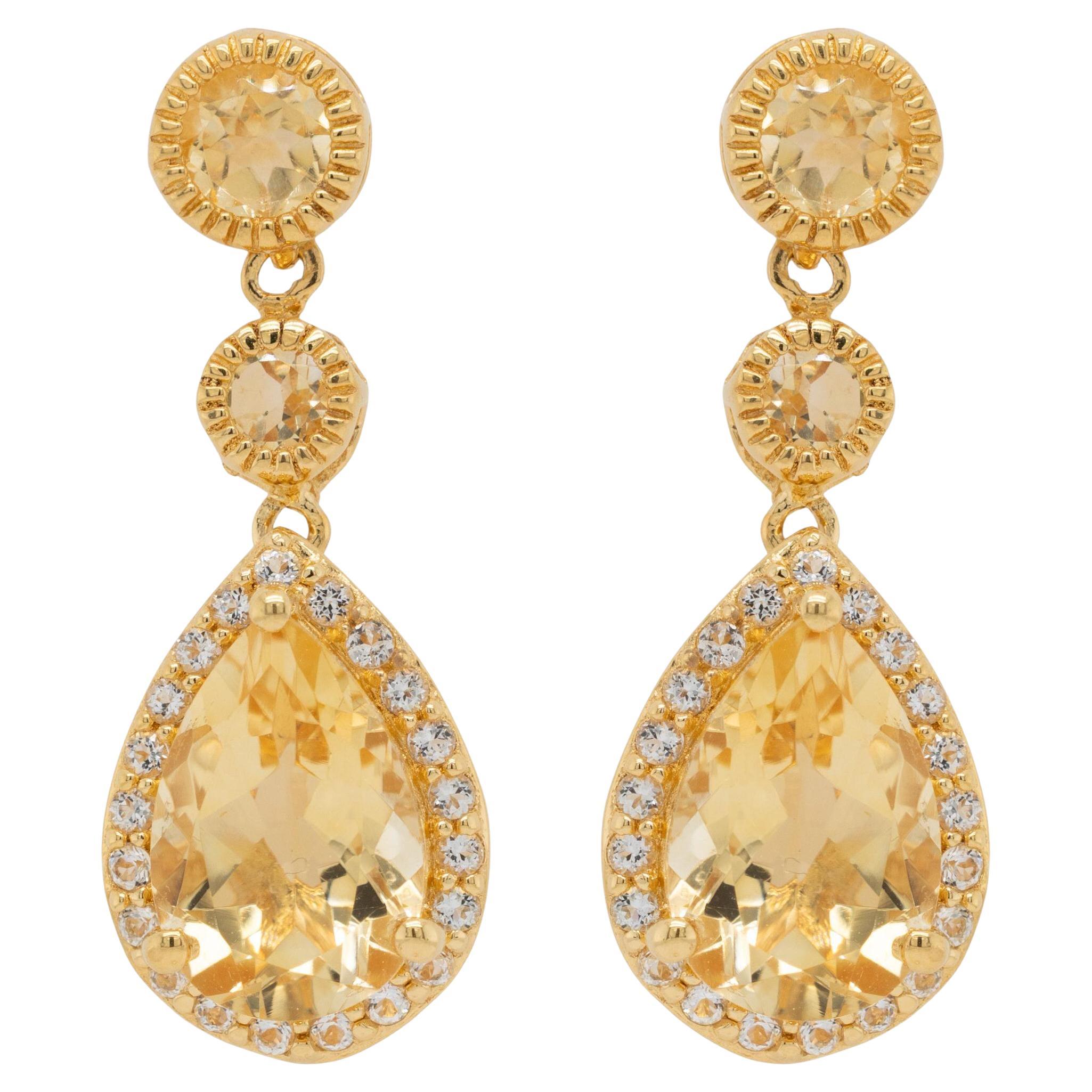 Citrine Dangle Earrings White Topazes 7.06 Carats 24K Yellow Gold Plated Silver For Sale