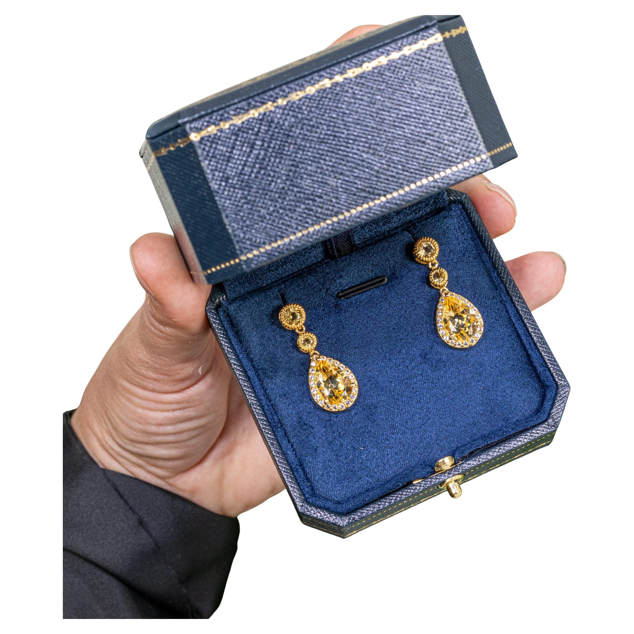 Citrine Dangle Earrings White Topazes 7.06 Carats 24K Yellow Gold Plated Silver