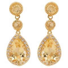Citrine Dangle Earrings White Topazes 7.06 Carats 24K Yellow Gold Plated Silver