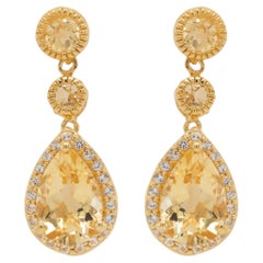 Citrine Dangle Earrings White Topazes 7.06 Carats 24K Yellow Gold Plated Silver
