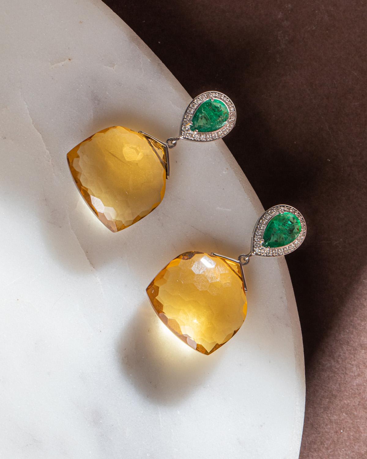 Art Deco Citrine Dangle Earrings with Diamond and Emerald in 14k Gold For Sale