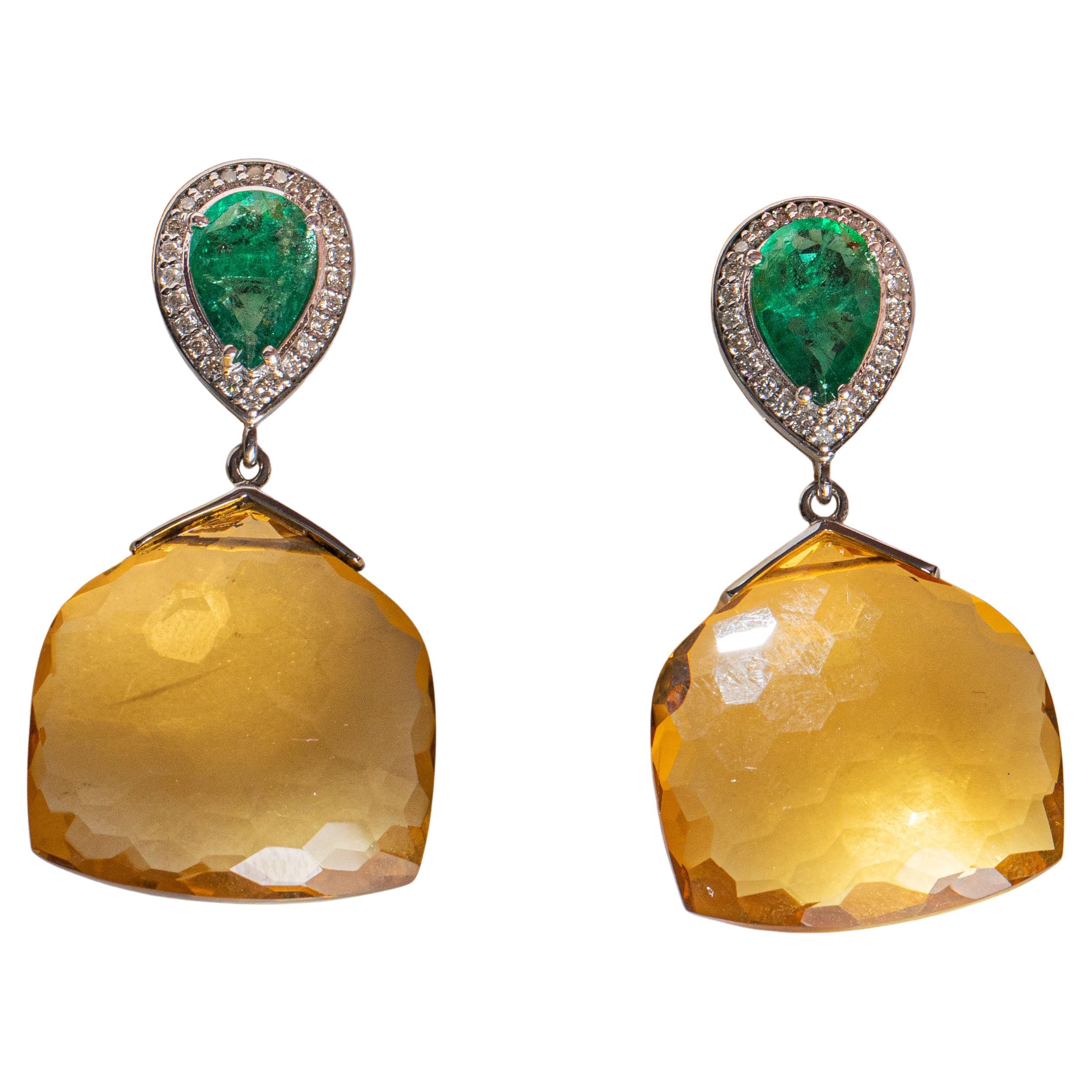 Citrine Dangle Earrings with Diamond and Emerald in 14k Gold