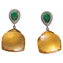 Citrine Dangle Earrings with Diamond and Emerald in 14k Gold