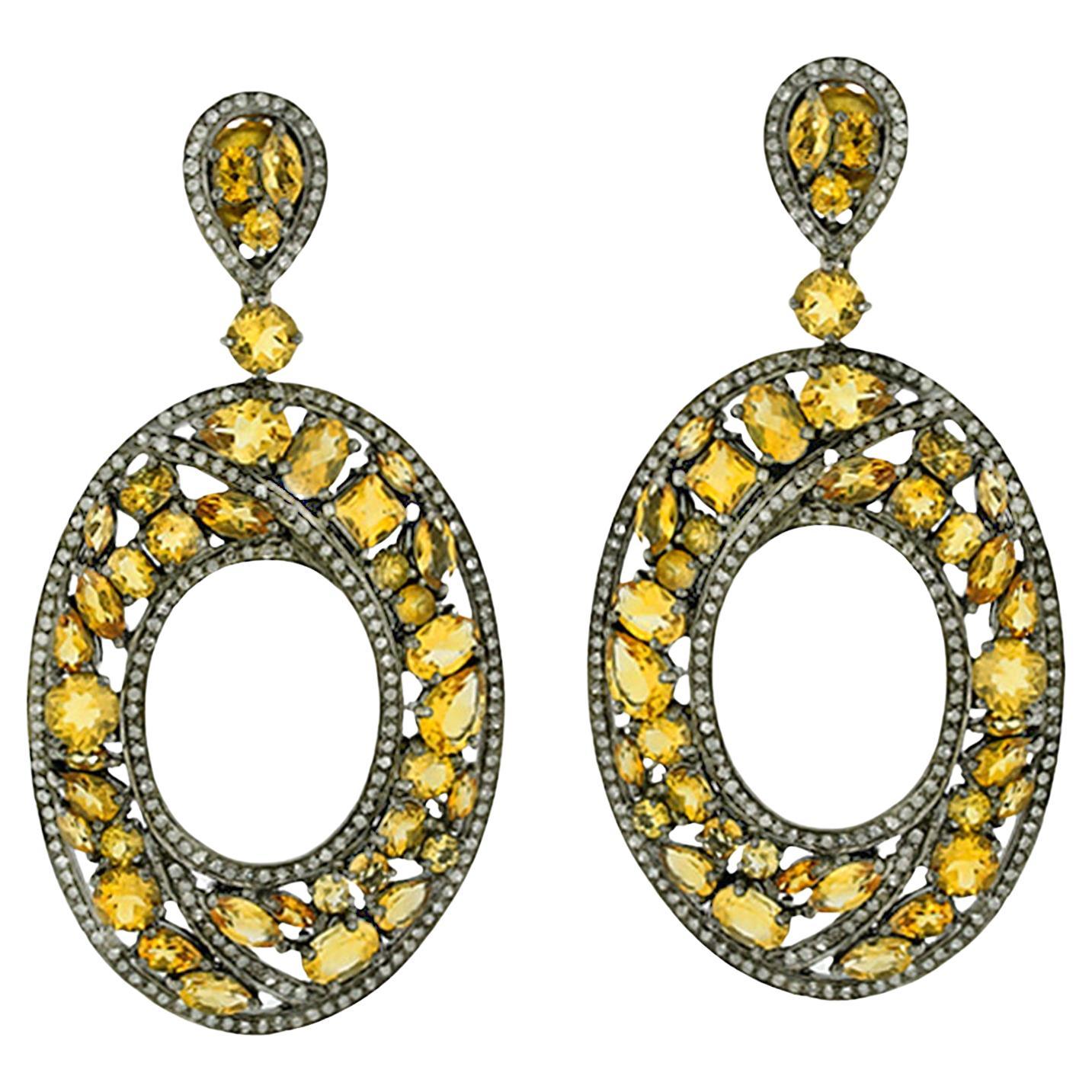 Citrine Dangle Earrings With Diamonds 21.34 Carats For Sale