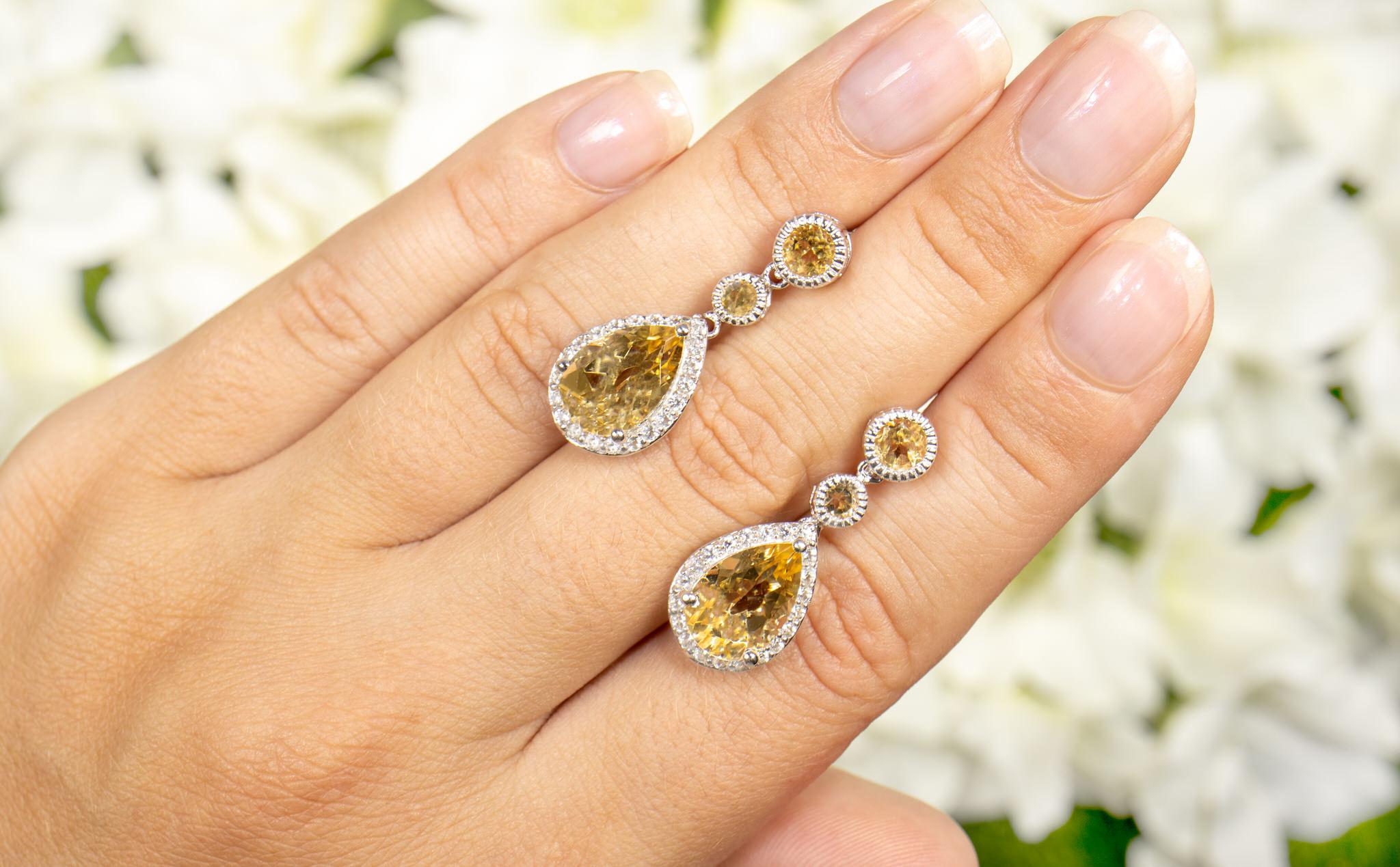 Contemporary Citrine Dangle Earrings With White Topazes 7.06 Carats Total For Sale