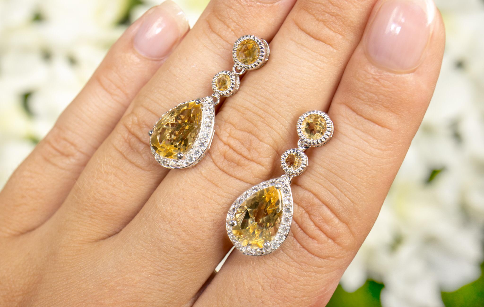 Women's Citrine Dangle Earrings With White Topazes 7.06 Carats Total For Sale