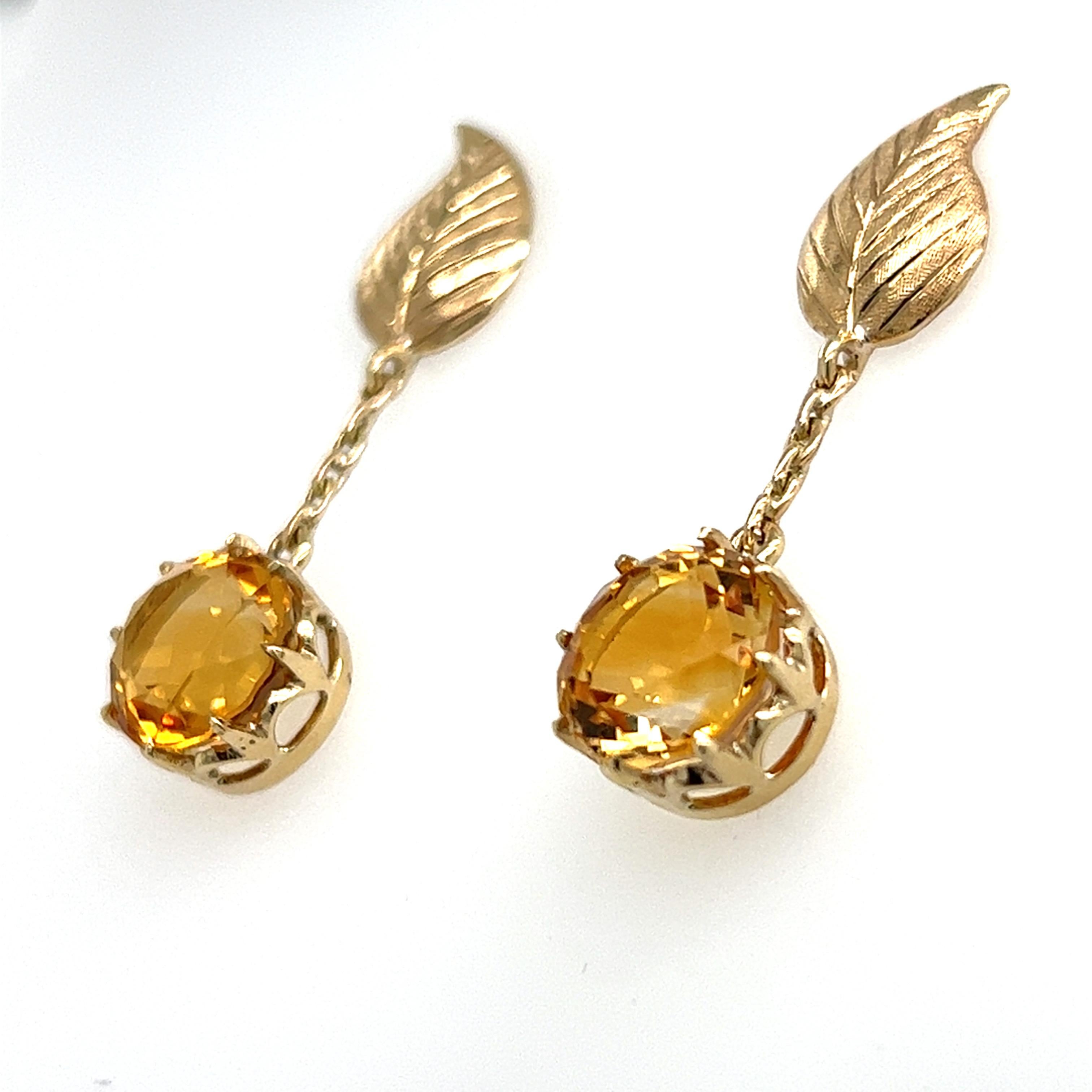 Contemporary Citrine Dangle Leaf Earrings in 14k Yellow Gold