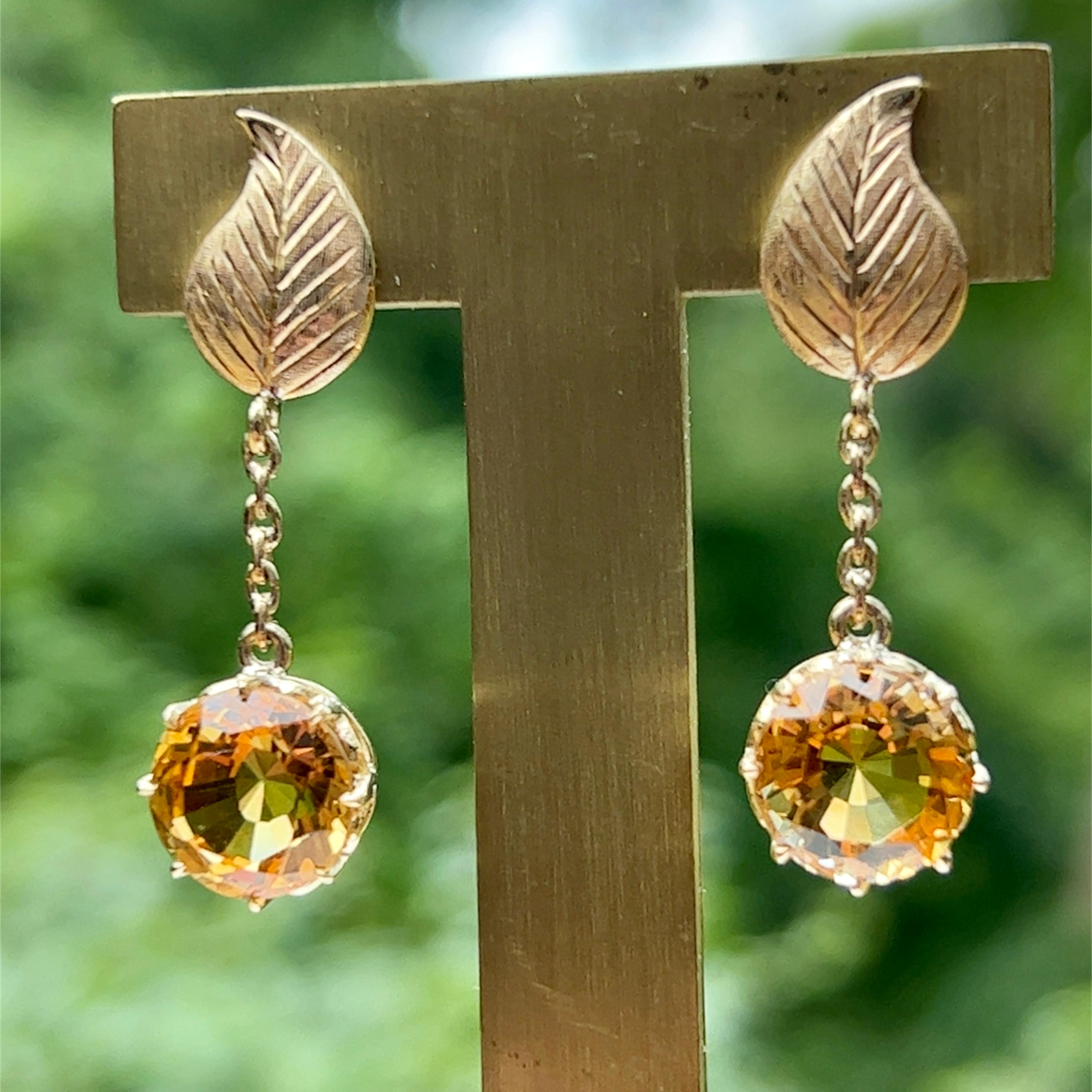 Round Cut Citrine Dangle Leaf Earrings in 14k Yellow Gold