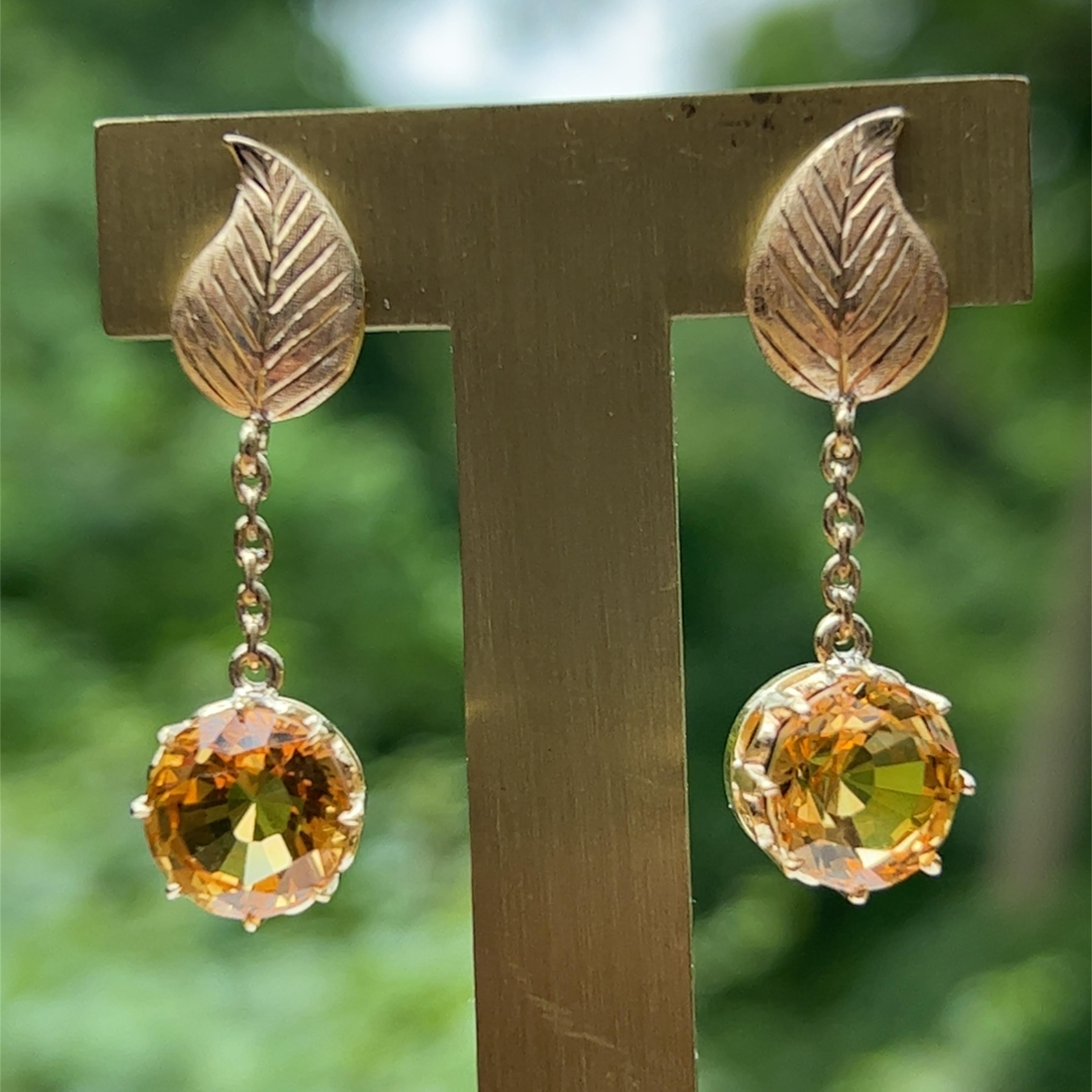 Women's Citrine Dangle Leaf Earrings in 14k Yellow Gold