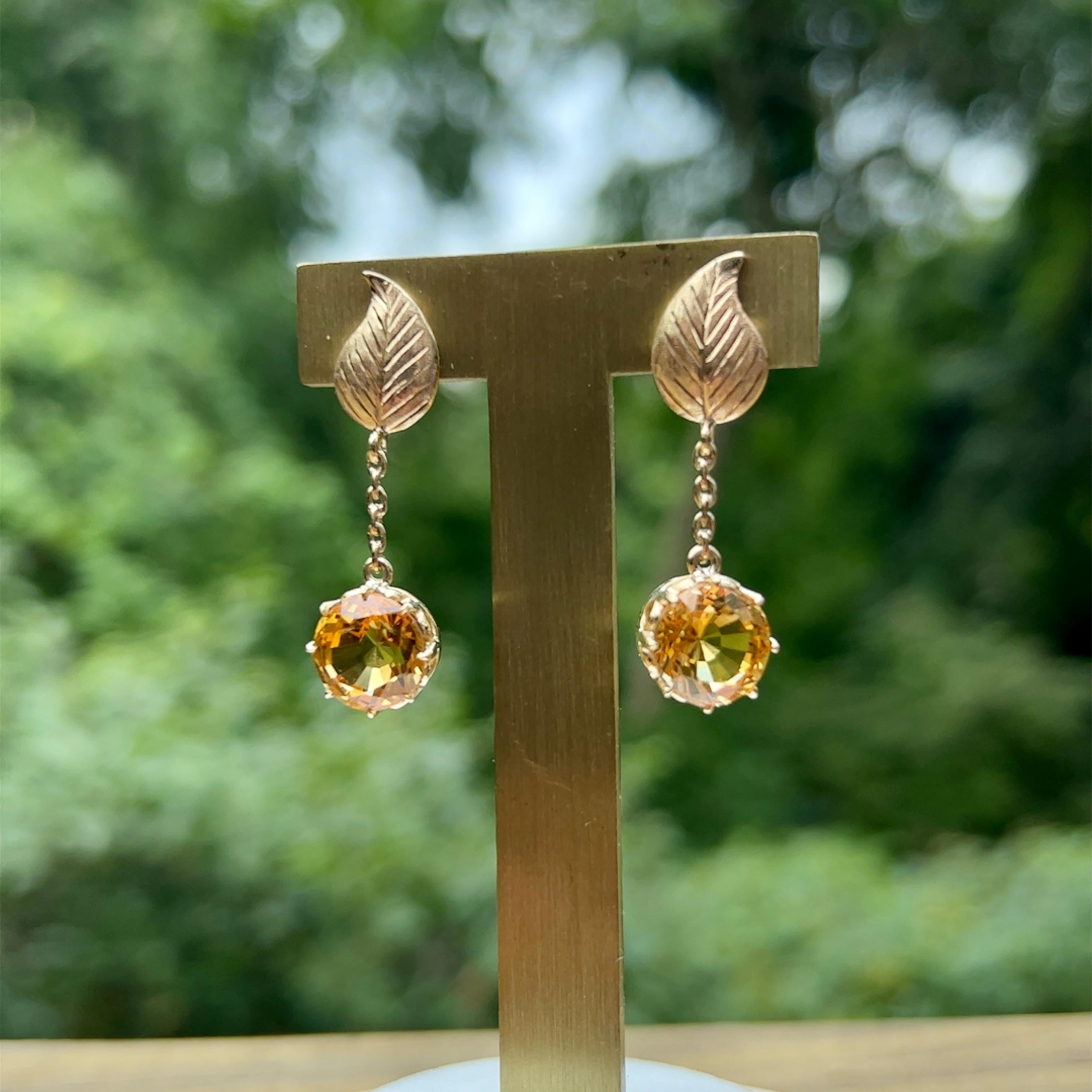 Citrine Dangle Leaf Earrings in 14k Yellow Gold 1