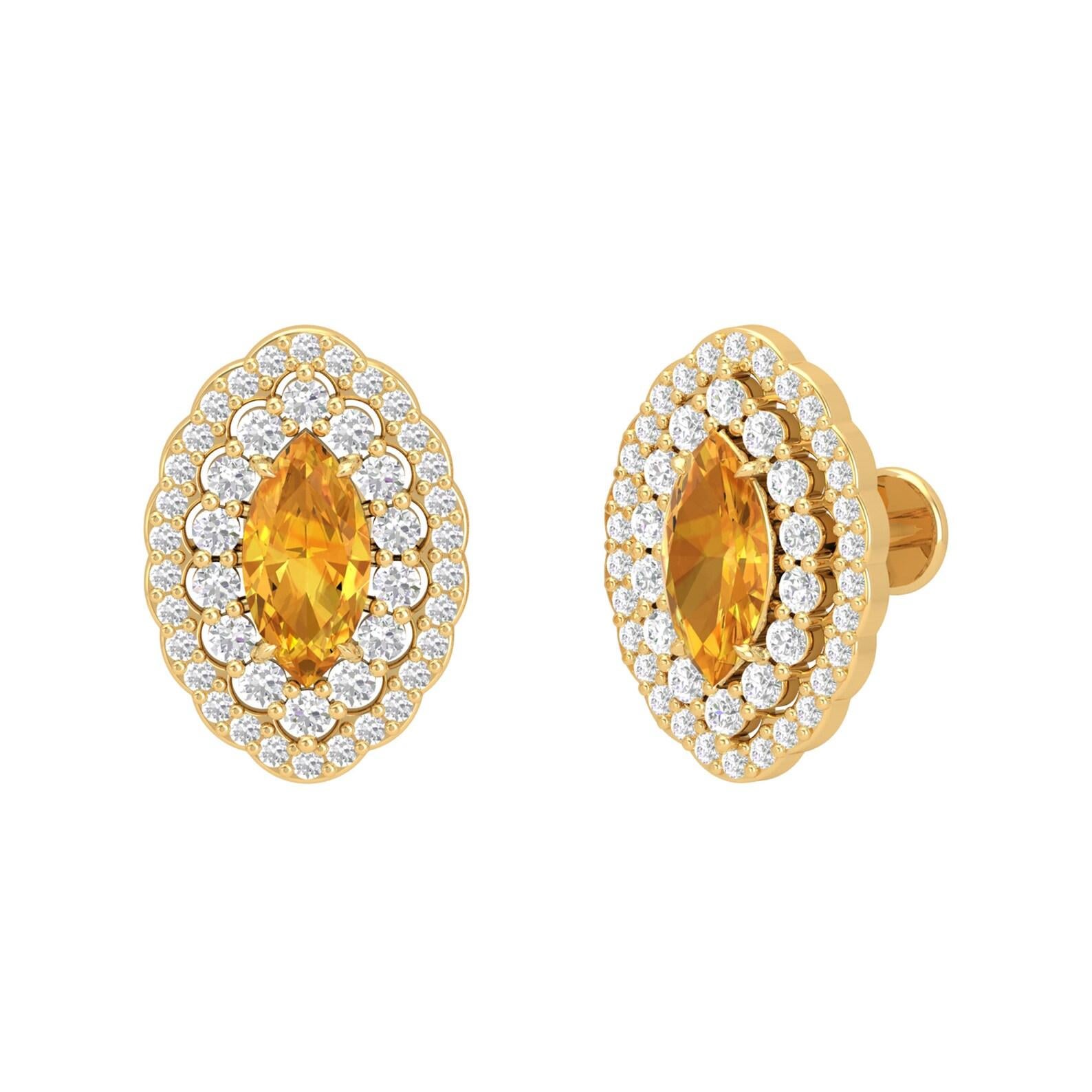 Citrine Diamond 14 Karat Gold Marquise Stud Earrings For Sale