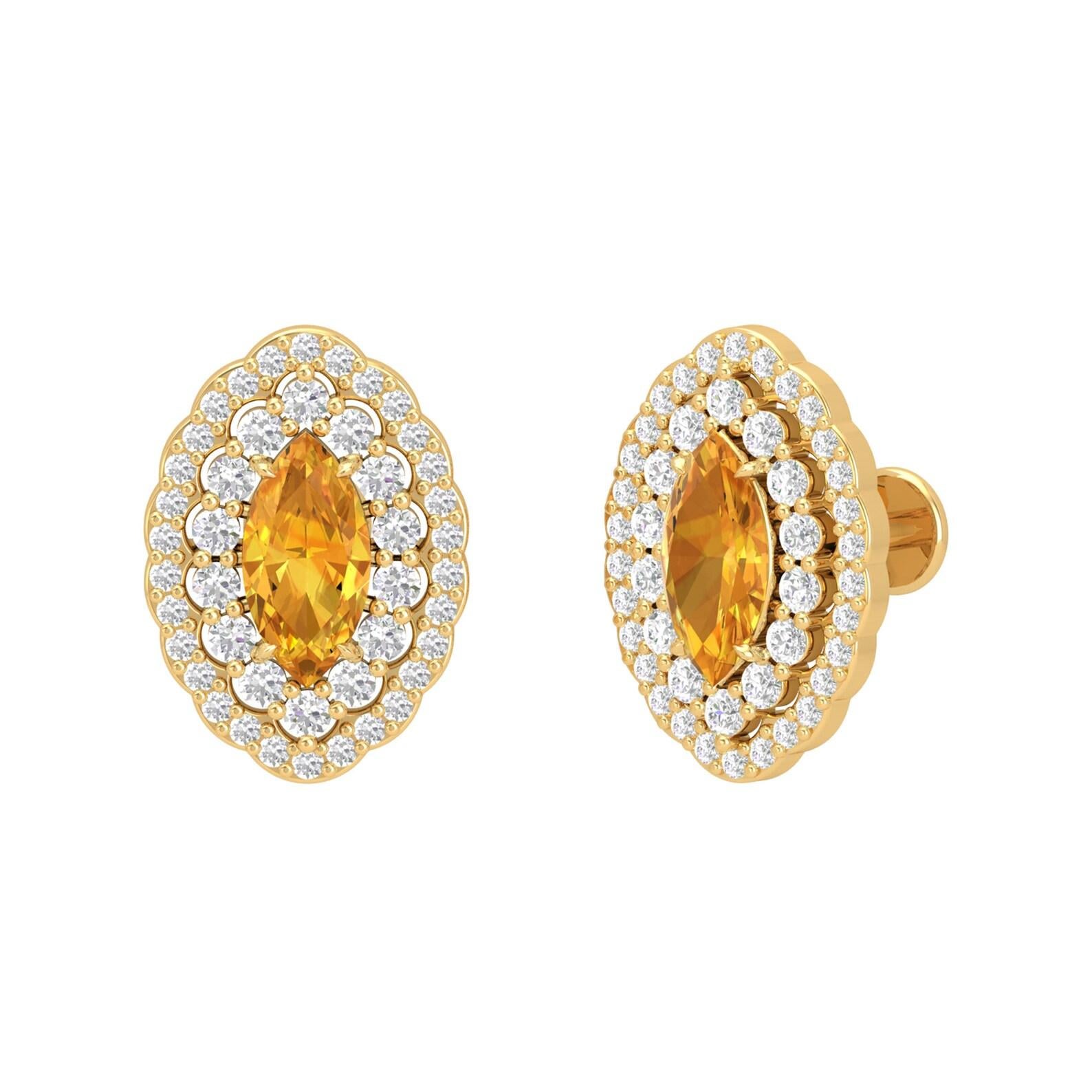 Boucles d'oreilles Citrine Diamant Or 14 Karat Marquise