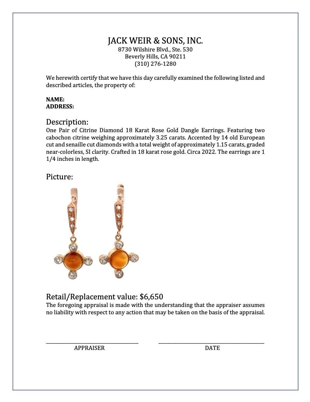 Citrine Diamond 18 Karat Rose Gold Dangle Earrings For Sale 2