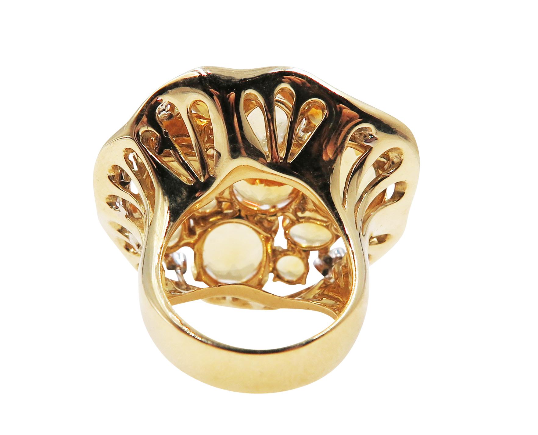 This Beautifully made Fashion Ring features 25,5 carat of Citrine, 0.34 carat Diamond set in 18k yellow gold.