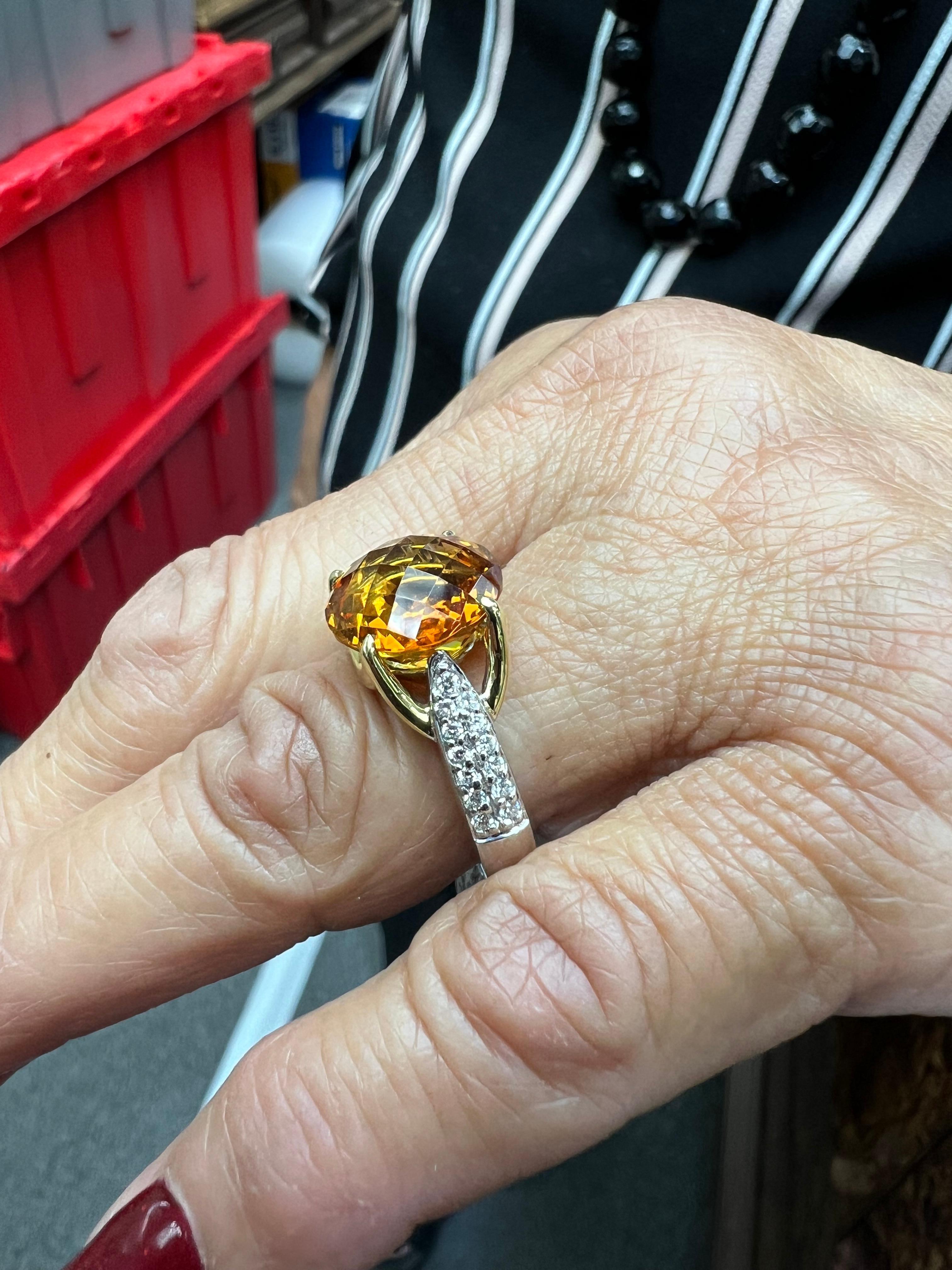 Contemporary Citrine Diamond 18k White And Yellow Gold Ring By Spark Creations For Sale