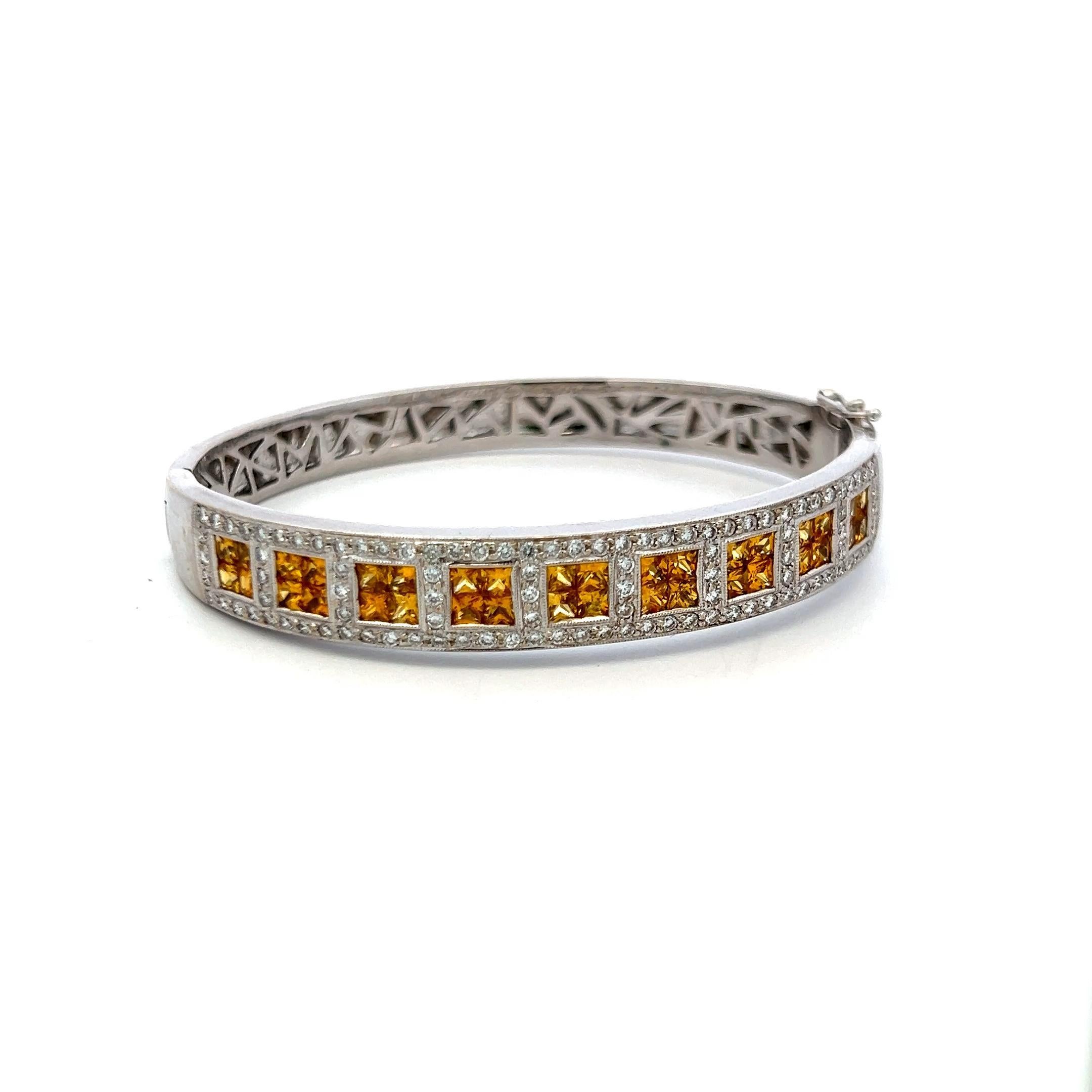 Bangle in oro bianco 18 carati con citrino e diamanti 3,60 carati taglio principessa Vintage Estate