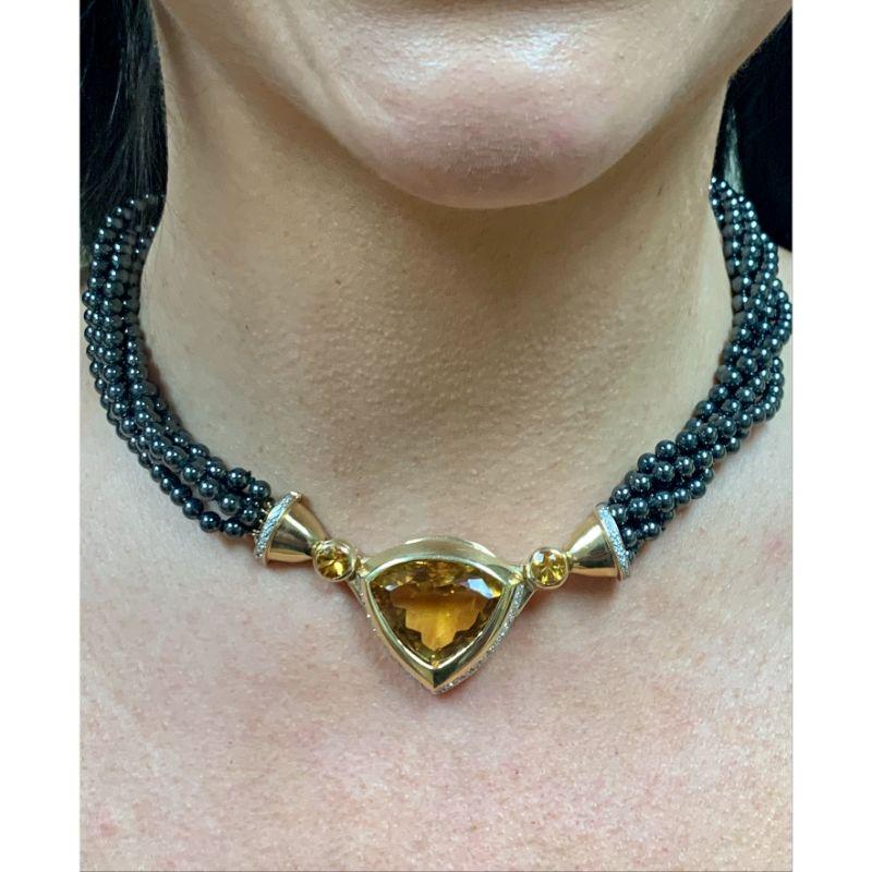 Trillion Cut Citrine, Diamond and Hematite Bead and 14k Yellow Gold Necklace, circa 1970s For Sale