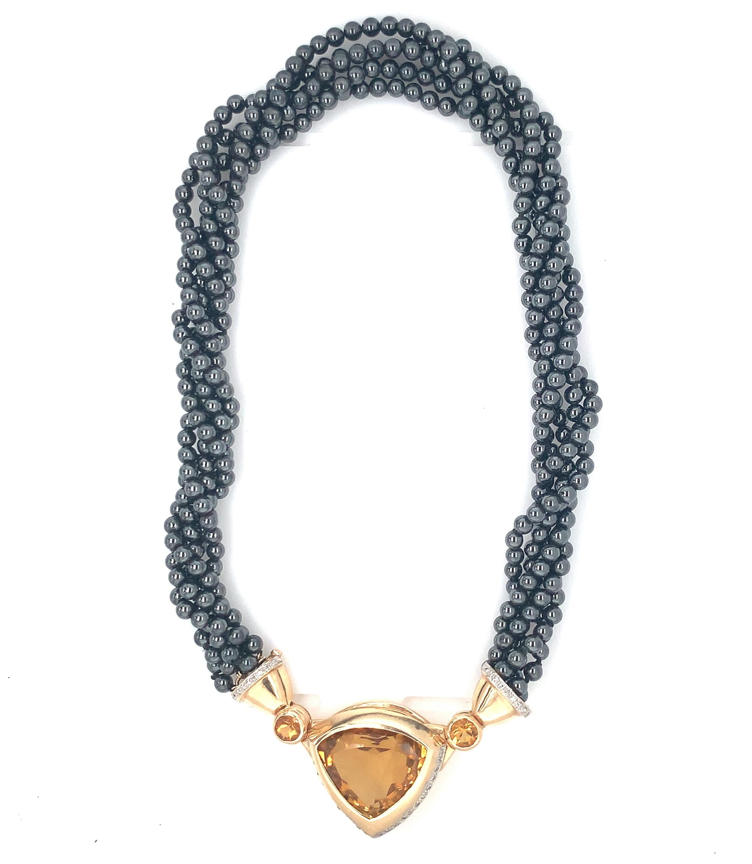 Citrine, Diamond and Hematite Bead and 14k Yellow Gold Necklace, circa 1970s In Good Condition For Sale In Beverly Hills, CA