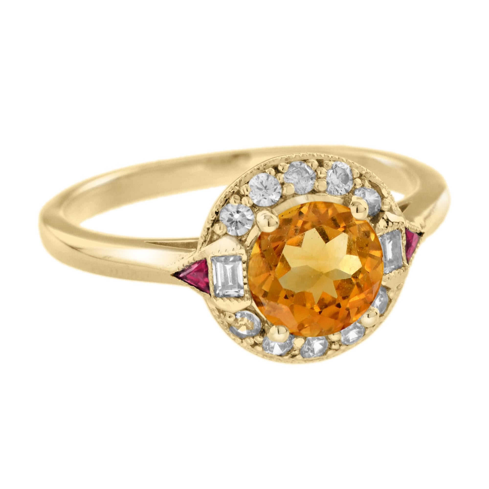 An enchanting gemstone meets a classic mounting in this distinctively gorgeous Art Deco style jewel. The round honey-colored citrine is framed by round diamonds. The shoulders features French cut triangle shaped rubies – just stunning!

Ring