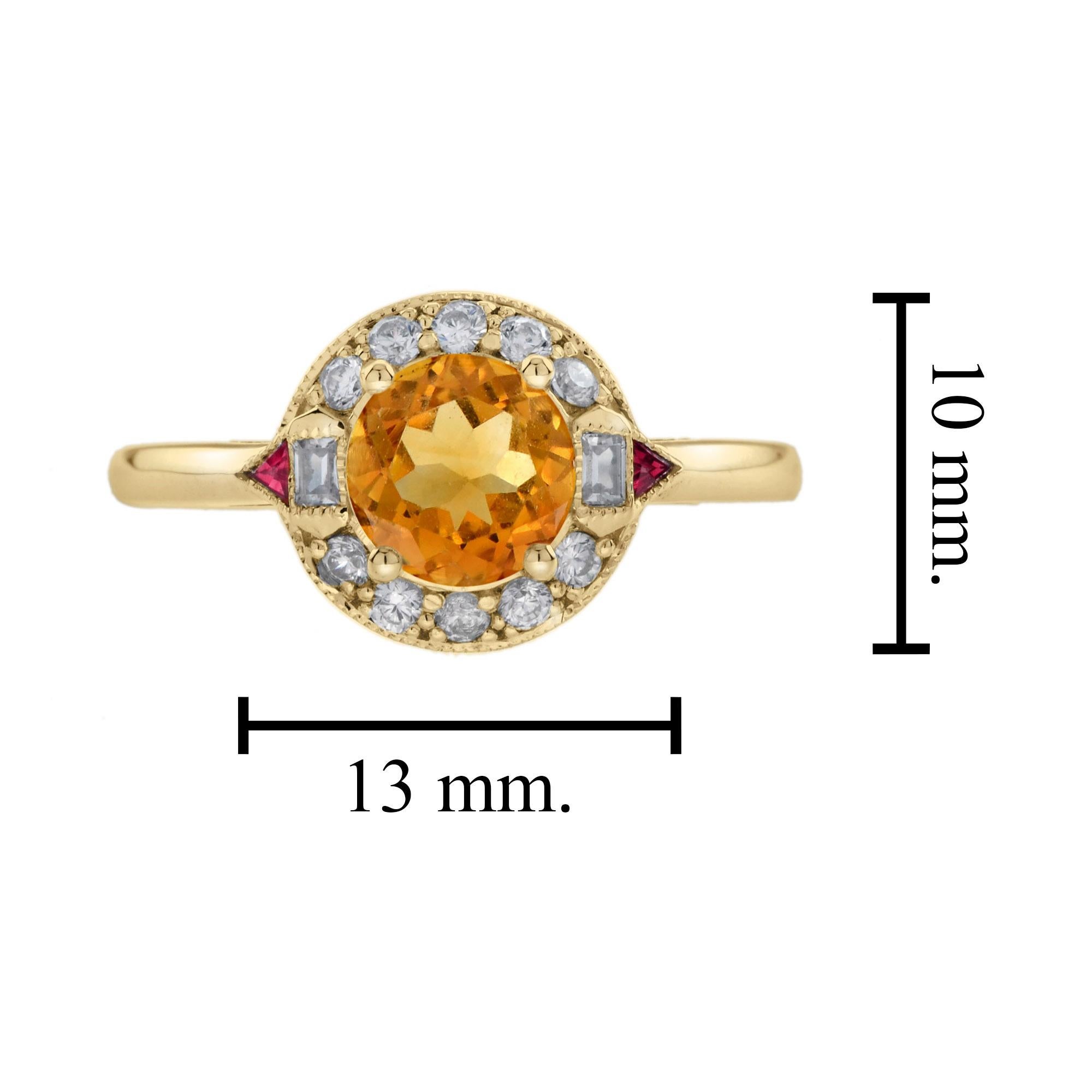 Women's Citrine Diamond and Ruby Art Deco Style Halo Engagement Ring in 14K Yellow Gold For Sale