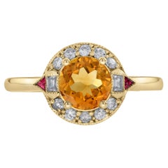 Verlobungsring aus 14 Karat Gelbgold mit Citrin, Diamant und Rubin im Art-déco-Stil mit Halo