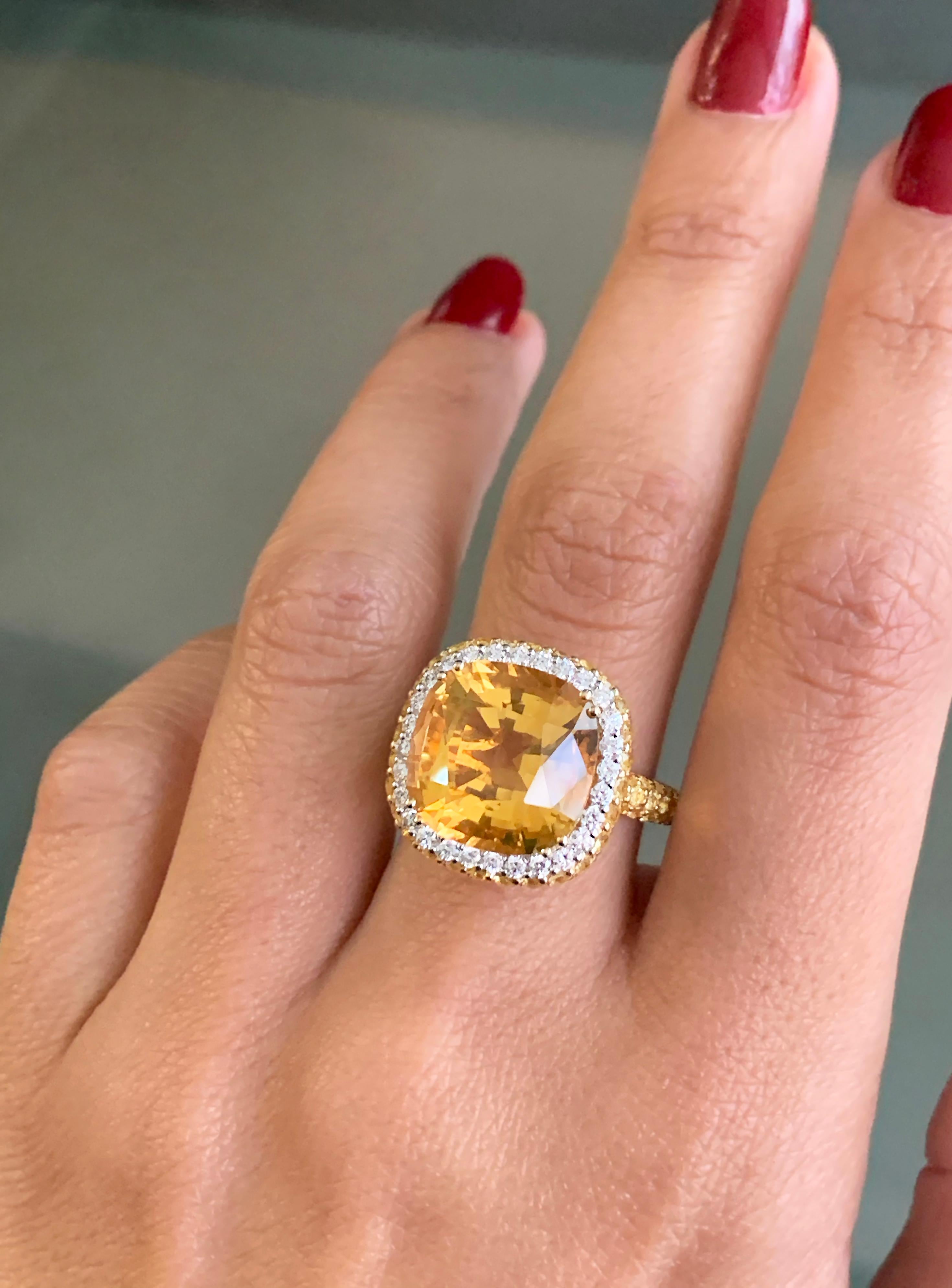 Cushion Cut Citrine, Diamond and Yellow Sapphire 18 Carat Gold Ring