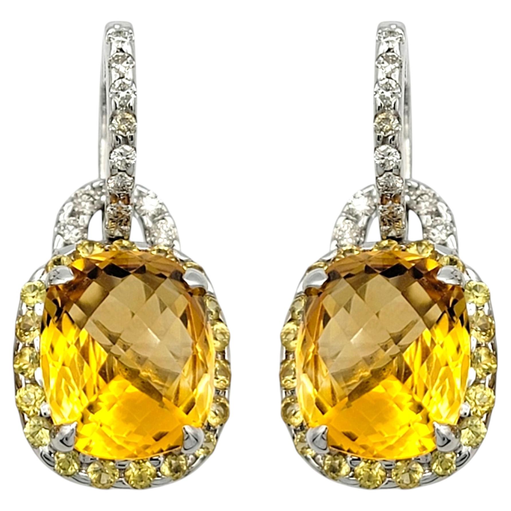 Citrine, Diamond and Yellow Sapphire Dangle Earrings in 18 Karat White Gold