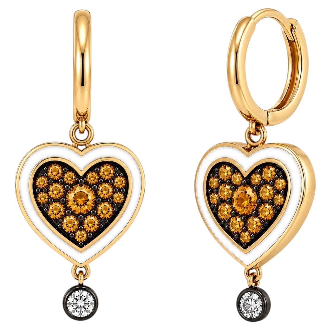 Herzförmige Ohrhänger mit Citrin und Diamanten als Geburtsstein, 14-karätiges Gold von Meghna Jewels