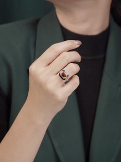 Citrine Diamond Blue Enamel Art Deco Style Ring in 14K Yellow Gold