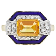 Citrine Diamond Blue Enamel Art Deco Style Ring in 14K Yellow Gold