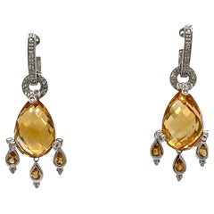 Citrine Diamond Briolette 14 Karart White Gold Dangle Drop Earrings 