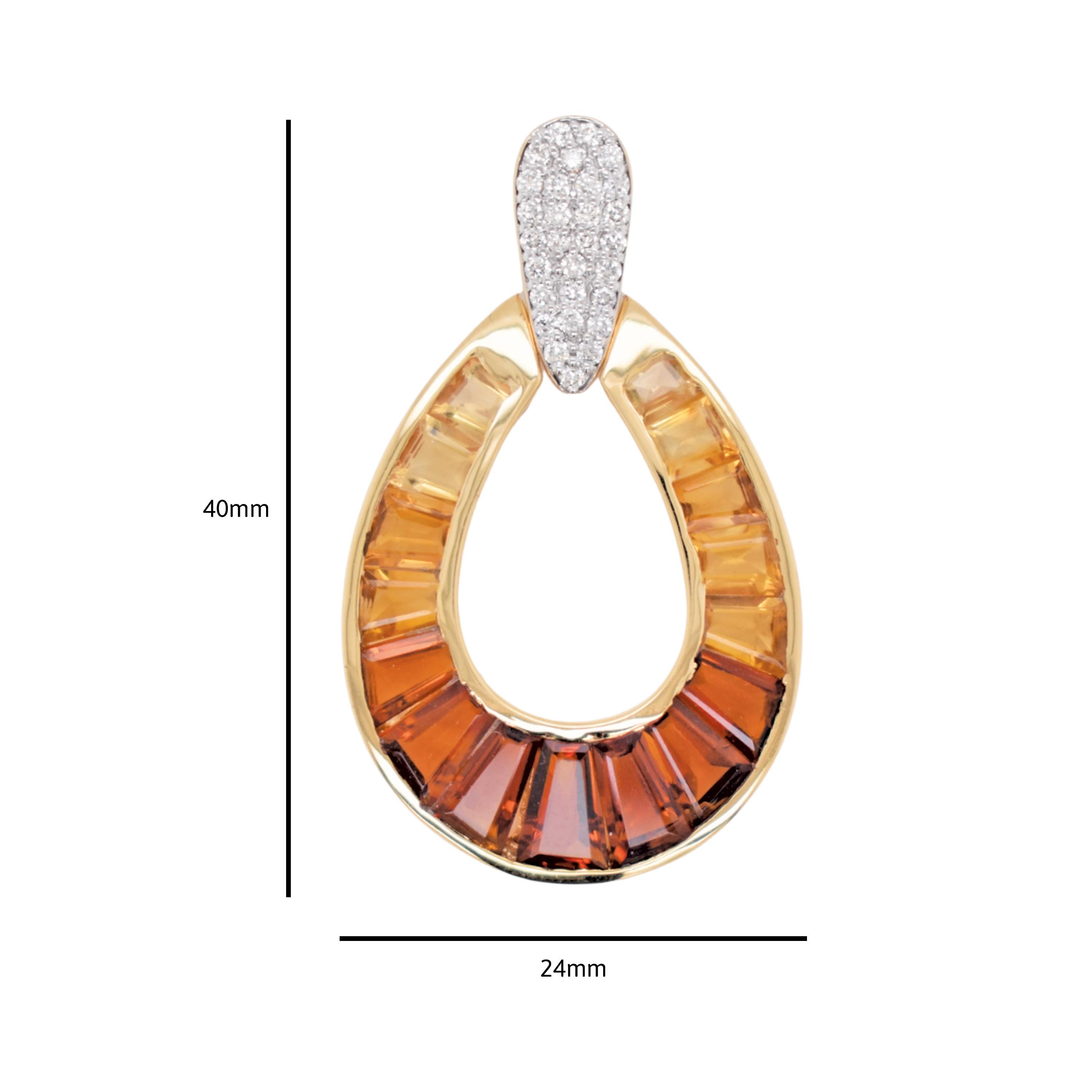 Citrin Diamant Channel-Set Taper Baguette Raindrop Anhänger Halskette Gelbgold (Zeitgenössisch) im Angebot