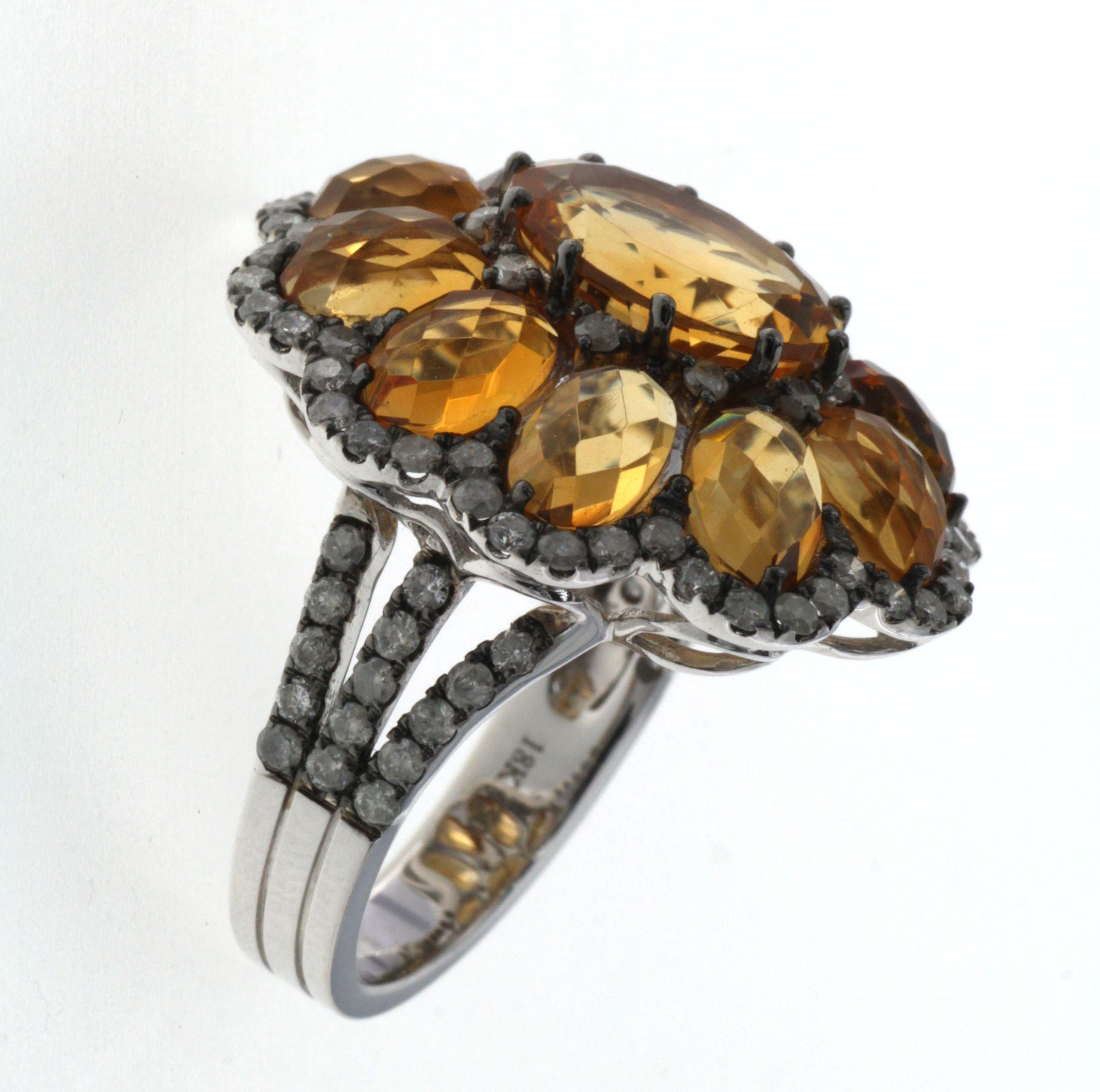 Rétro Bague cocktail en or blanc 18 carats avec diamants et citrine
