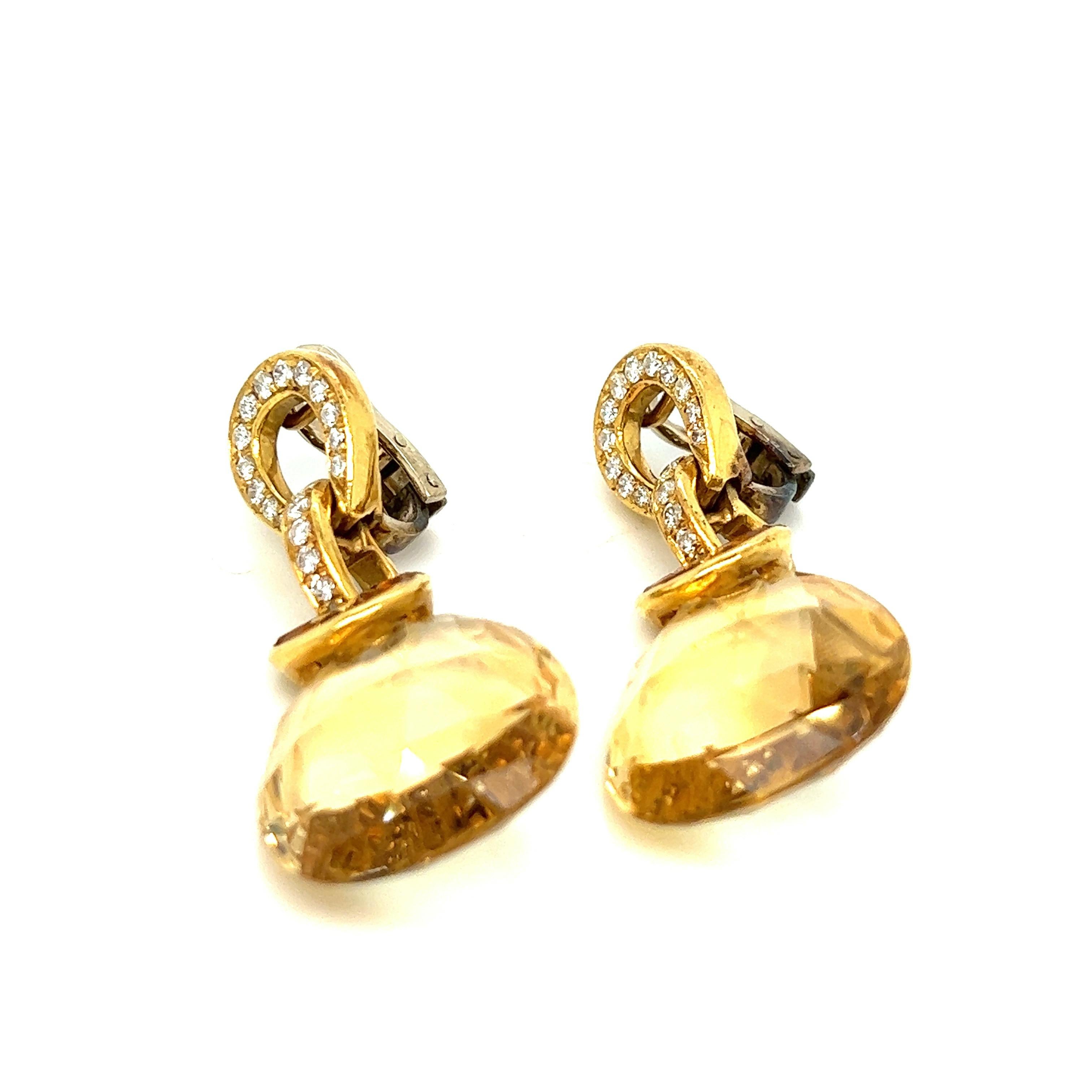 Citrine Diamond Dangling Ear Clips In Excellent Condition For Sale In New York, NY