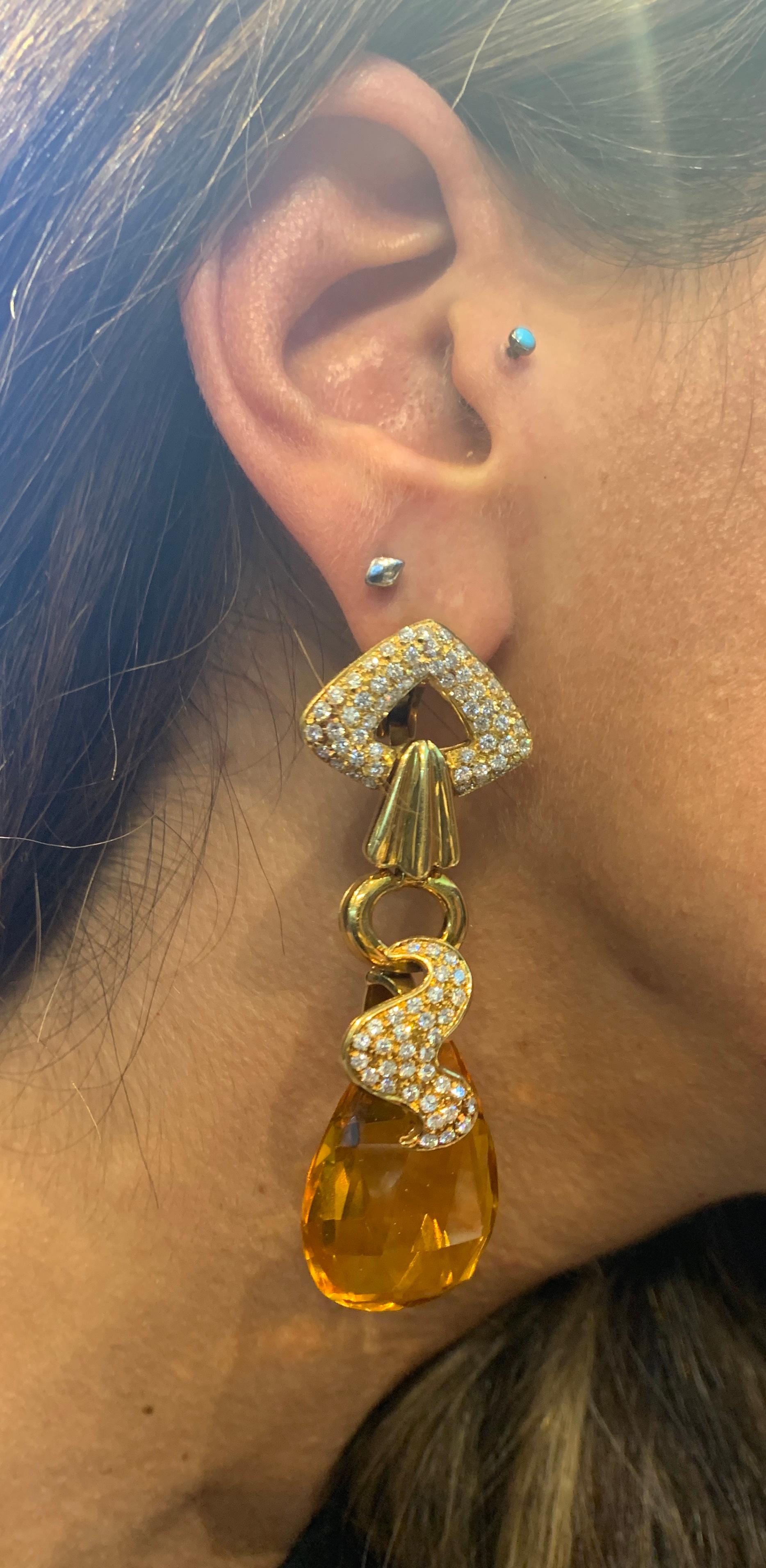 Citrine and Diamond Drop Earrings In Excellent Condition For Sale In New York, NY