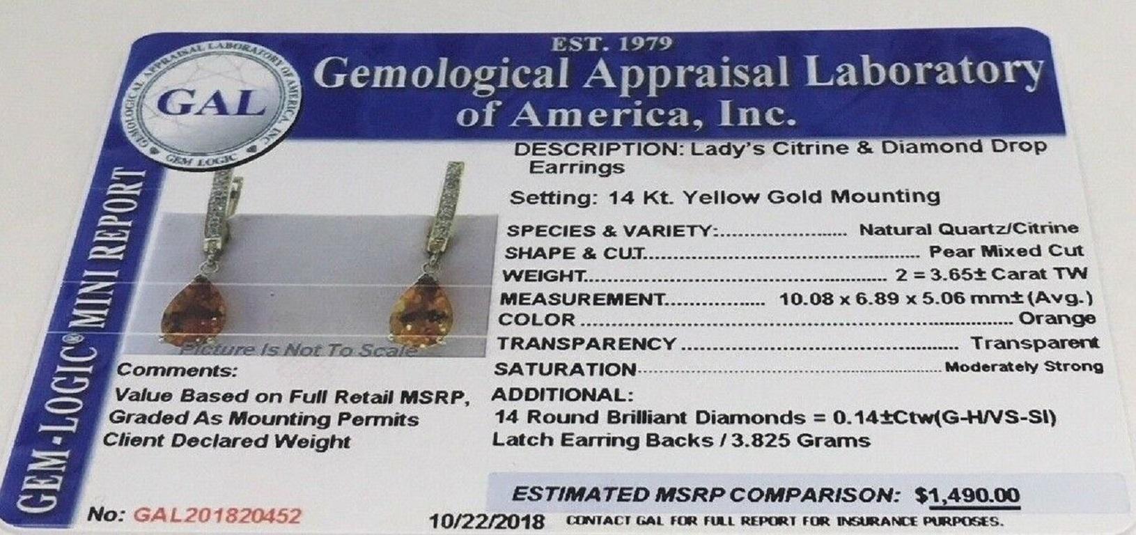 Citrin-Diamant-Ohrringe 14k Gelbgold 3,79 TCW Damen zertifiziert im Angebot 4