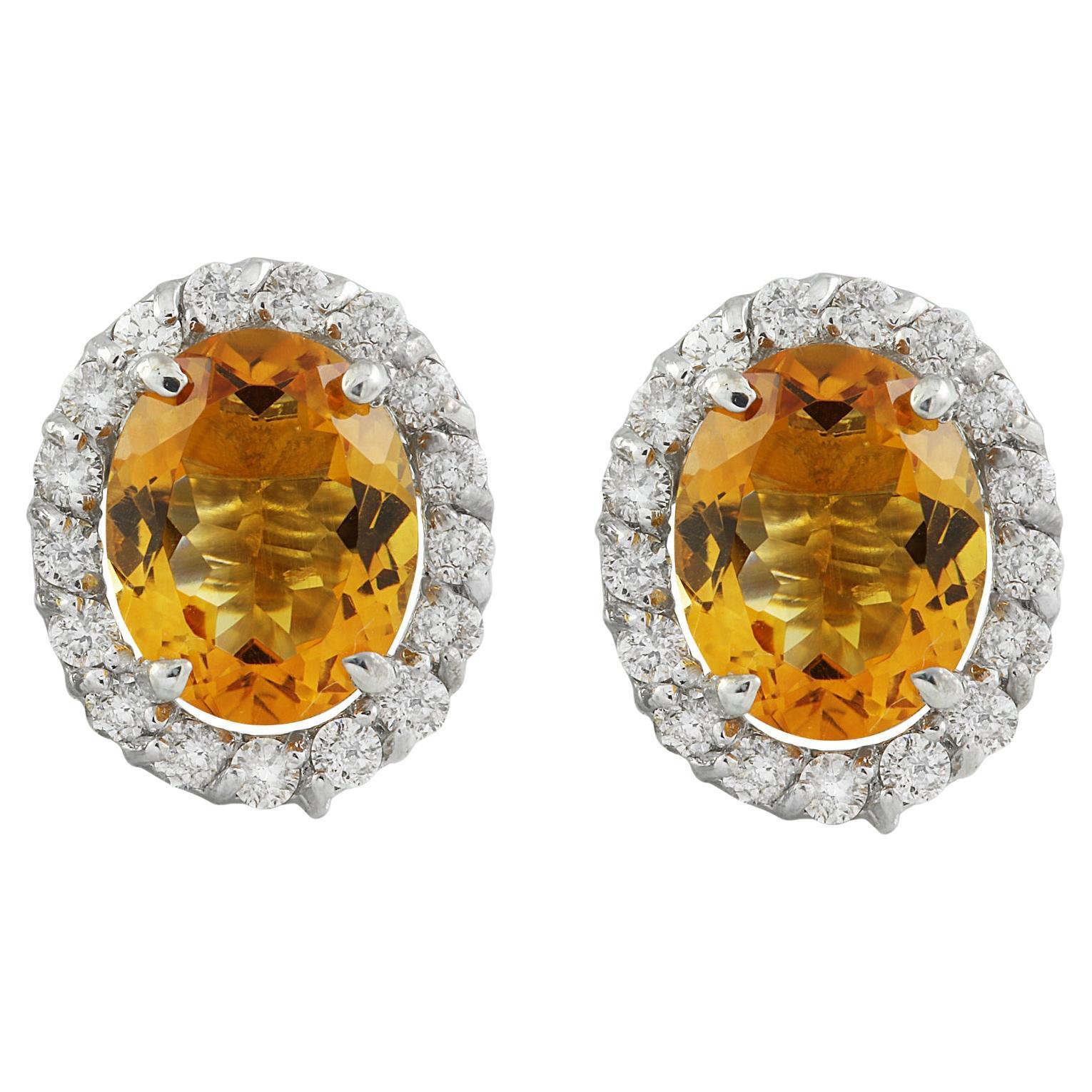 Citrine Diamond Earrings In 14 Karat White Gold For Sale
