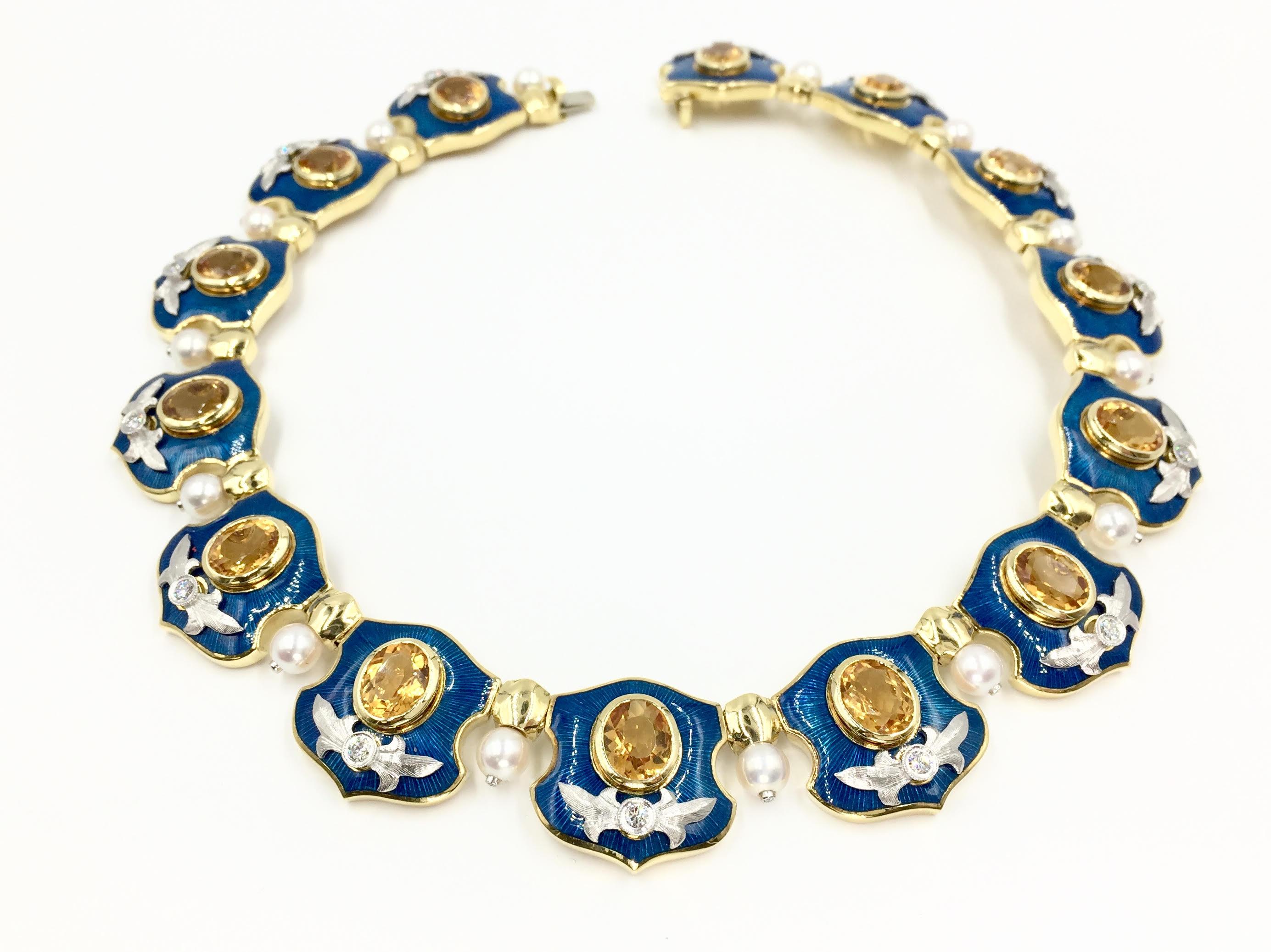 Citrine, Diamond, Enamel and Pearl 18 Karat and Platinum Collar Necklace (Byzantinisch)