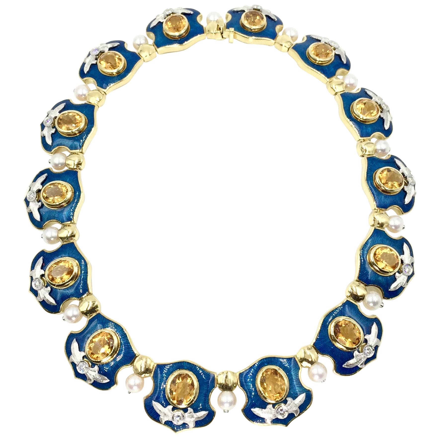 Citrine, Diamond, Enamel and Pearl 18 Karat and Platinum Collar Necklace